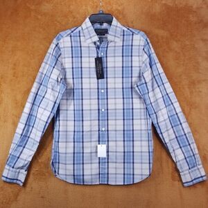 BLOOMINGDALES Mens Shirt Small Blue Gray Button Up Windowpane Plaid Cotton